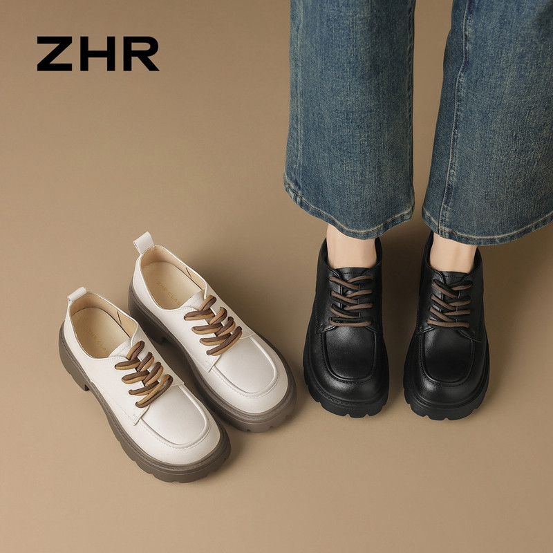 13161388.【ZHR则则】深口单鞋圆头系带厚底女鞋[牛剖层移膜革]