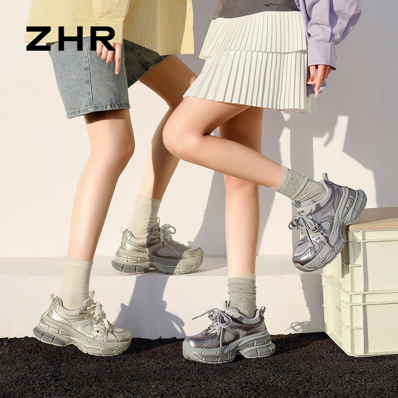 13161552.【ZHR则则】老爹鞋圆头系带厚底女鞋[PU+网布]