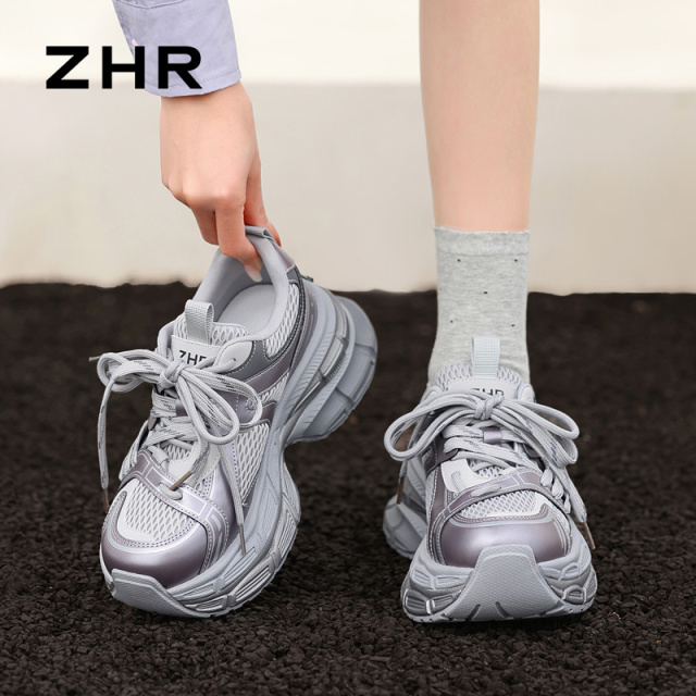 13161552.【ZHR则则】老爹鞋圆头系带厚底女鞋[PU+网布]