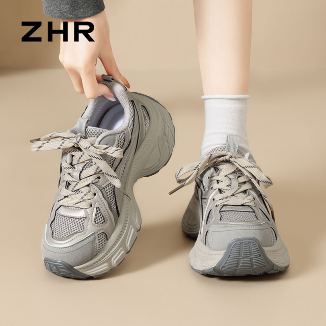13161593.【ZHR则则】老爹鞋圆头系带厚底女鞋[PU+网布]