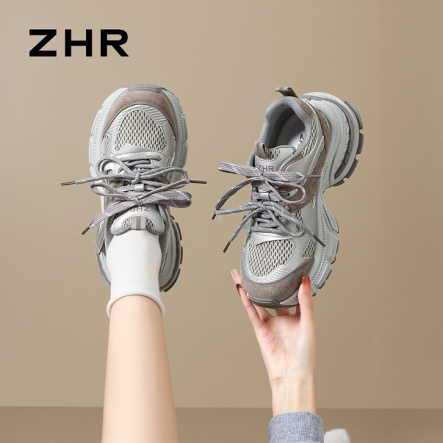 13161513.【ZHR则则】老爹鞋圆头系带厚底女鞋[PU+牛纤绒+网布]
