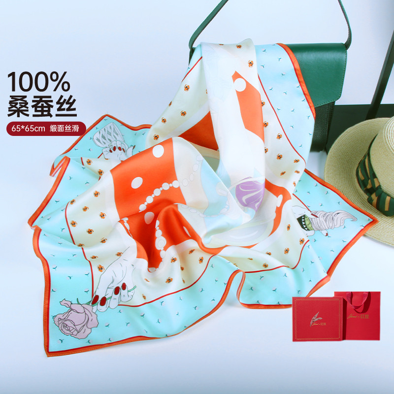 13281302.【100%桑蚕丝】真丝丝巾女缎面印花小方巾云南旅游搭配丝巾