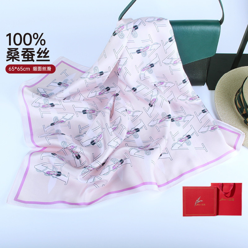 13281345.真丝丝巾女春秋缎面印花小方巾【100%桑蚕丝】礼盒