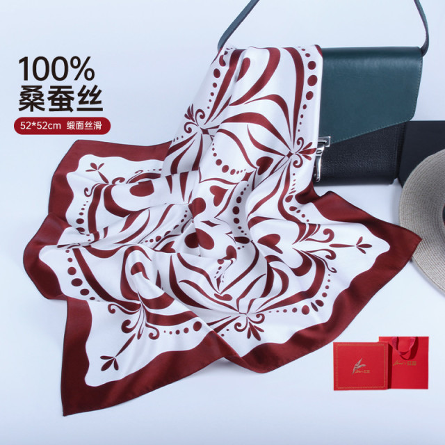 13314671.真丝丝巾女春秋缎面印花小方巾【100%桑蚕丝】礼盒送朋友