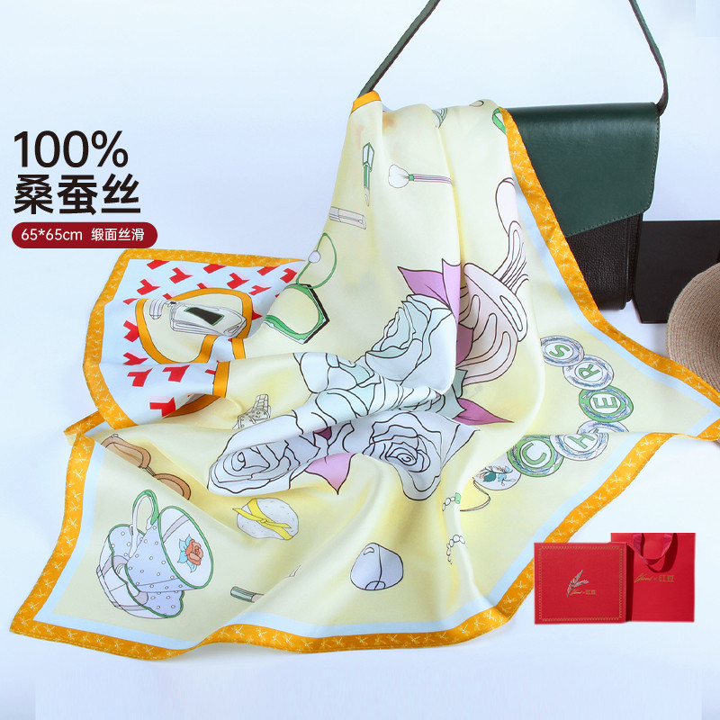 13288923.真丝丝巾女春秋缎面印花小方巾【100%桑蚕丝】送朋友