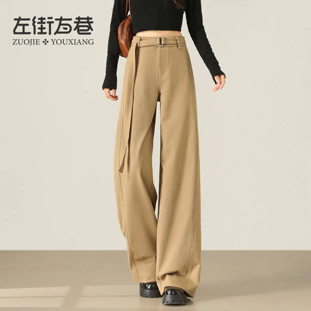 13172718.【左街右巷】舒适侧拼接卡其色休闲新款时髦改良弯刀阔腿裤