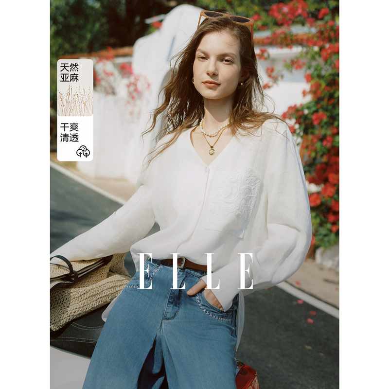 13172664.ELLE100%亚麻女式衬衫法式慵懒蕾丝口袋衬衣女