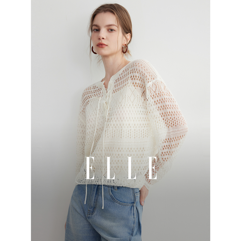 13172703.ELLE镂空设计针织罩衫度假休闲风前襟绑带小众上衣