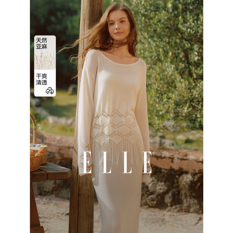 13172702.ELLE舒适亚麻棉女式针织衫文艺轻熟微透视流苏罩衫