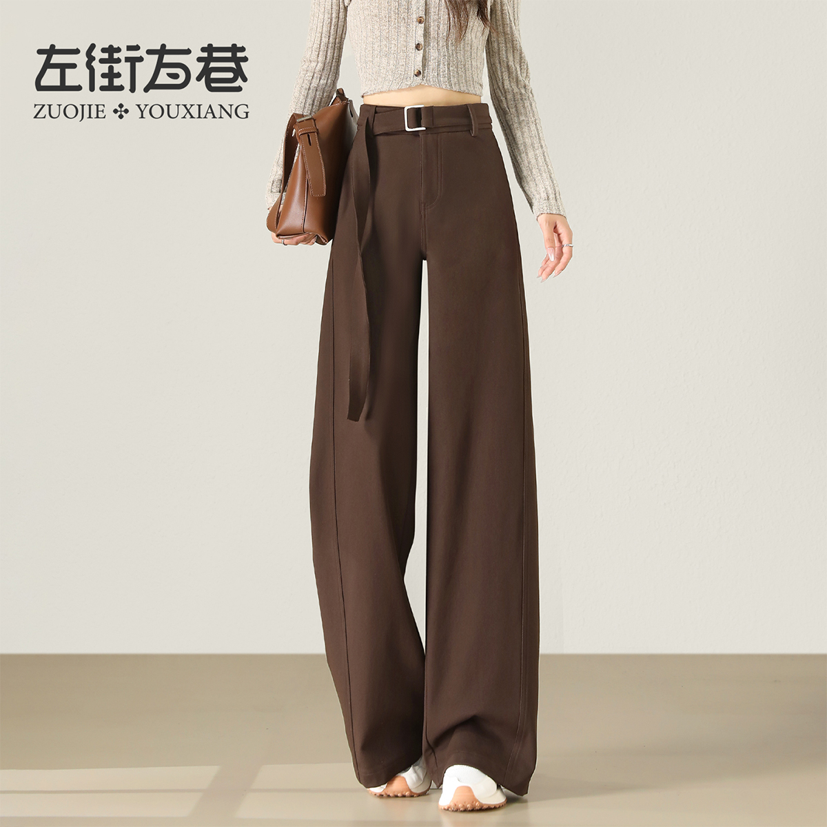 13172718.【左街右巷】舒适侧拼接卡其色休闲新款时髦改良弯刀阔腿裤
