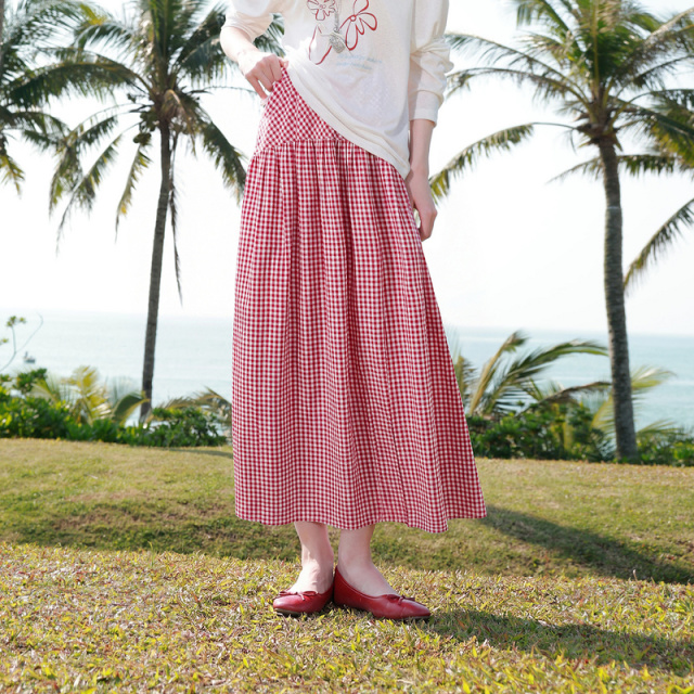 13150834.【100棉】三彩2026春季新款高腰半身裙格纹A字裙设计感长裙显瘦M