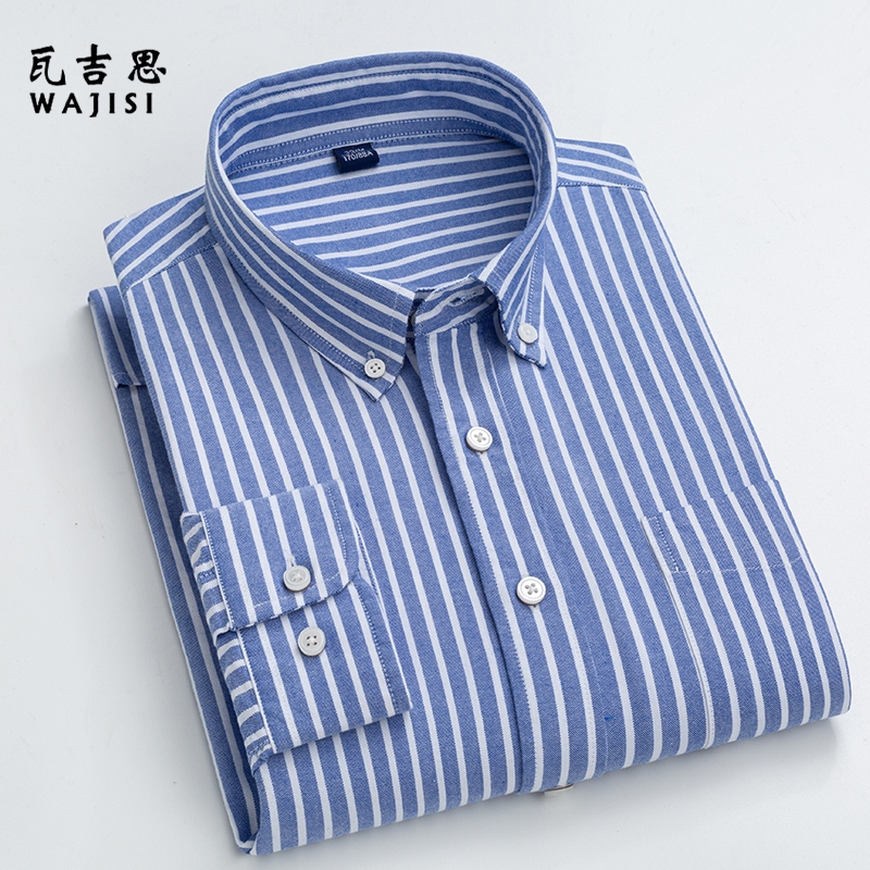 13176558.条纹衬衫男士纯棉牛津纺布内搭长袖日系复古正肩休闲格子衬衣