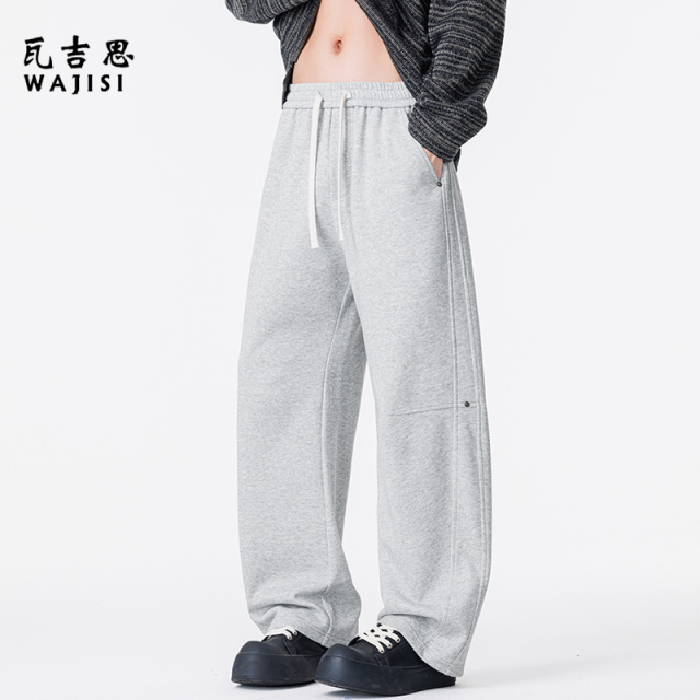 13176560.弯刀裤子男士春秋季新款高级感拼接宽松直筒阔腿灰色休闲长裤