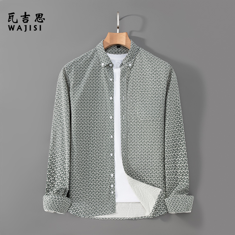 13176507.春秋季纯棉长袖印花衬衫男士新款休闲易打理亲肤舒适全棉寸衫