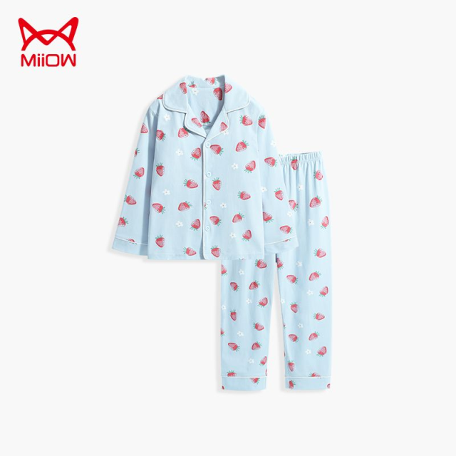 13177752.【100%棉】猫人女童翻领家居服套装(翻领草莓花朵)