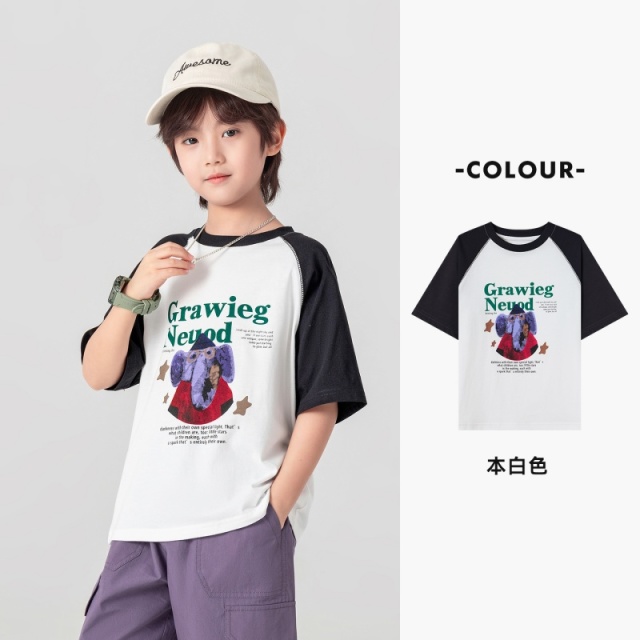 13311695.【撞色插肩 全棉透气】儿童2026夏季潮装印花T恤亲肤冰感男童短袖