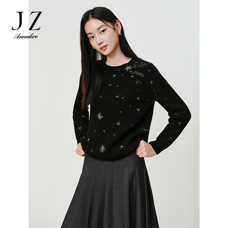 13182726.JUZUI玖姿满天星提花珠钻宽松羊毛针织衫女春秋季新款JTFQ31001