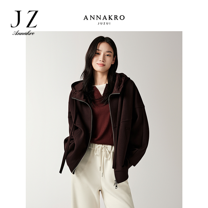 13181552.玖姿安娜蔻休闲美式松弛感解构分割连帽落肩卫衣女春秋季新款