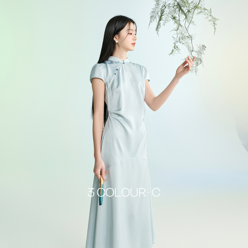 13184666.三彩【雨过揉蓝】2026春季新款新中式连衣裙拼接鱼尾长裙C