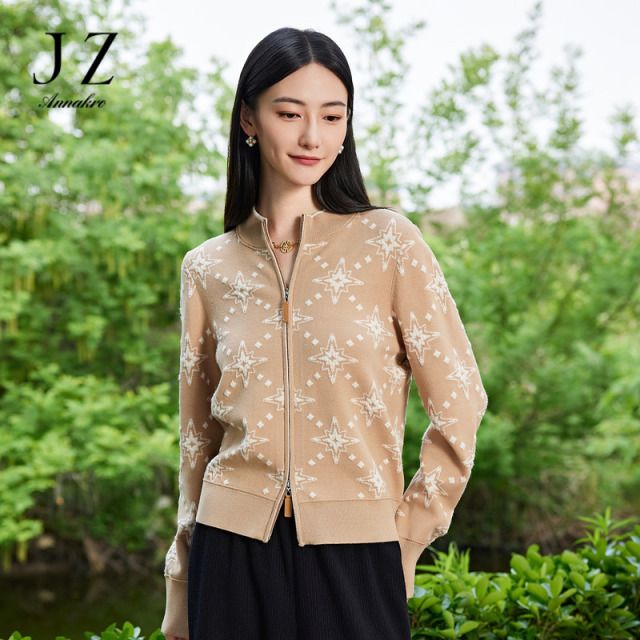 13182359.商场同款JZ玖姿双拉链设计感提花针织衫女春秋季新款JWEQ30606