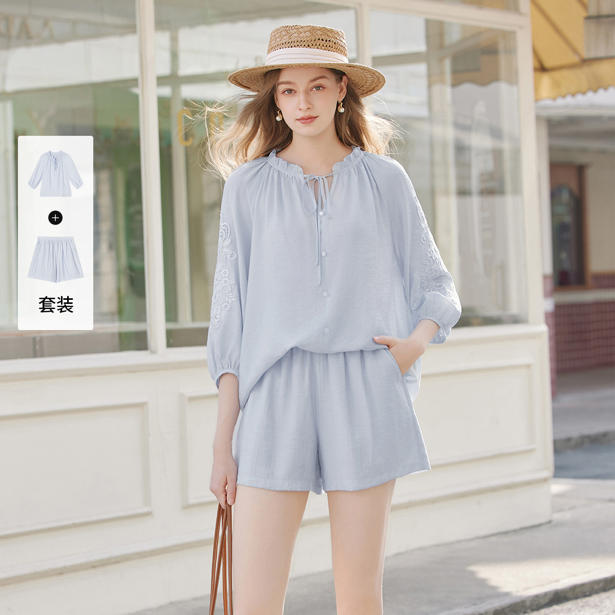 13188063.2026夏装刺绣衬衫套装女设计感衬衣短裤含亚麻两件套