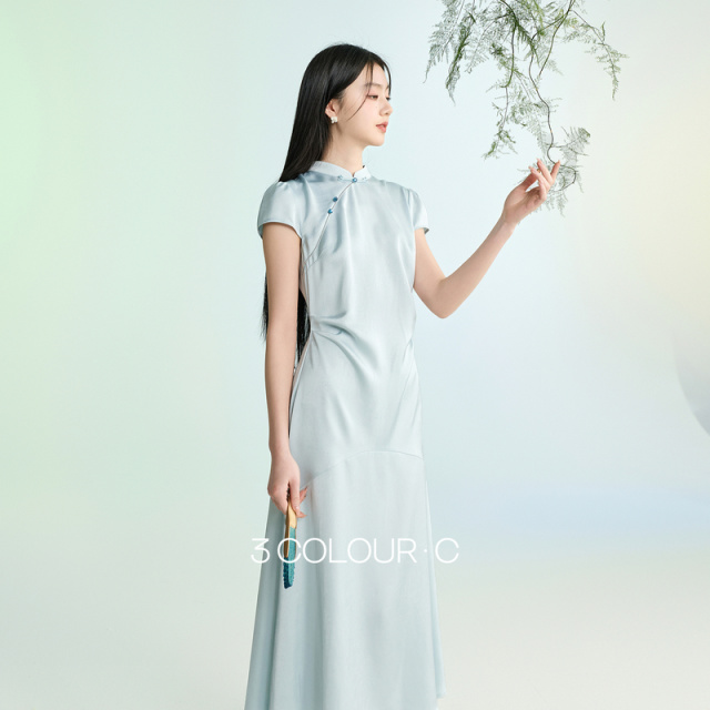 13184666.三彩【雨过揉蓝】2026春季新款新中式连衣裙拼接鱼尾长裙C