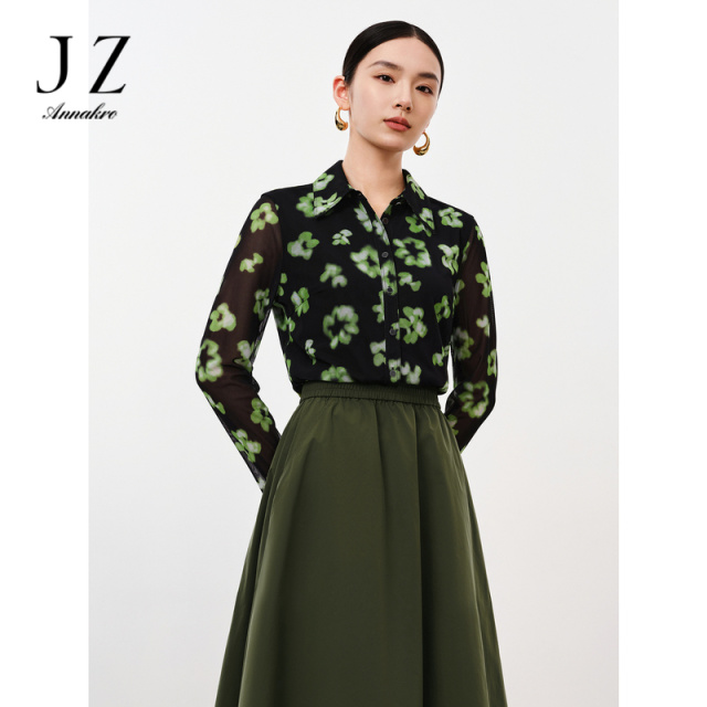 13181992.商场同款JZ玖姿时尚个性花卉修身衬衫女春季新款JZEC60116