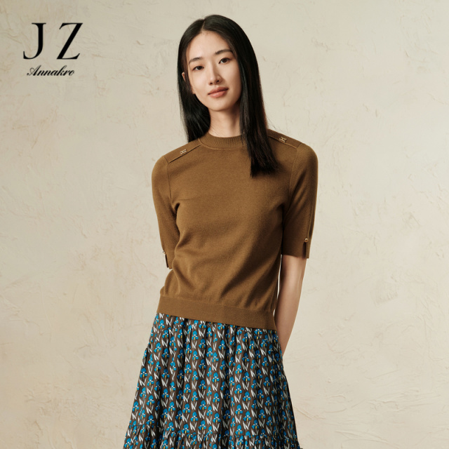 13182910.商场同款JZ玖姿简约摩登羊毛短袖针织衫女春秋季新款JWEQ31207