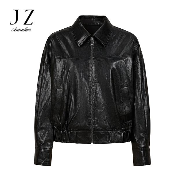 13183456.玖姿安娜蔻复古摩登巴恩风翻领落肩PU皮廓形外套女春秋季新款