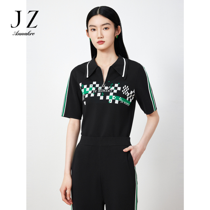 13182662.商场同款JZ玖姿棋牌格上衣女装春季新款棋盘POLO衫JWDC31209