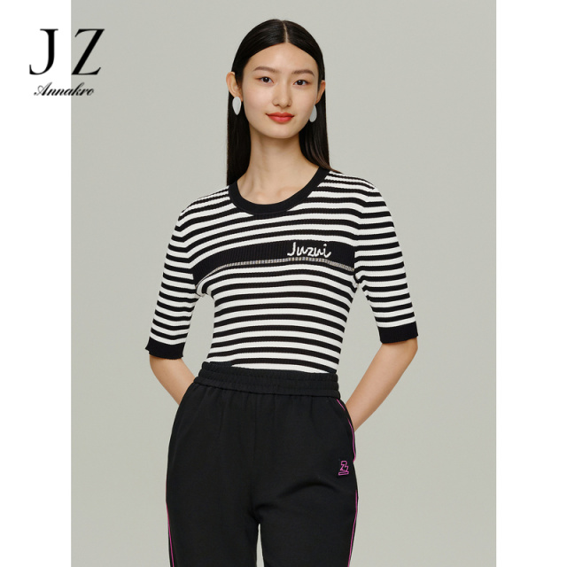 13182404.商场同款JZ玖姿设计感条纹短袖针织衫女装春秋季新款JWDQ31225