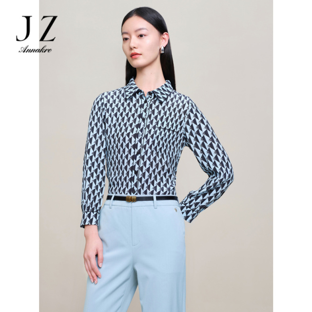 13182311.商场同款JZ玖姿几何印花衬衫女装春季新款上衣JWDC60107