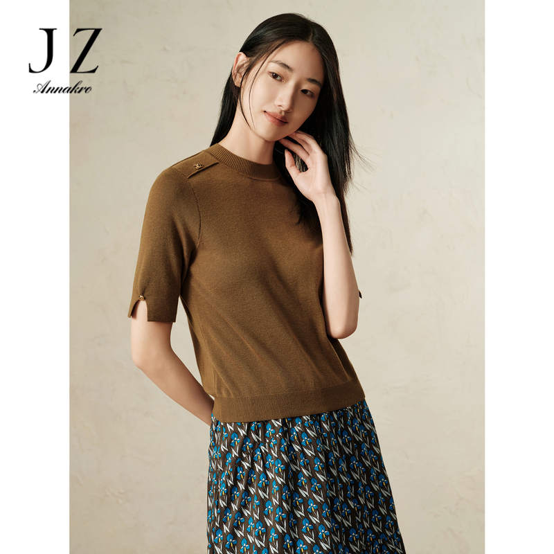 13182910.商场同款JZ玖姿简约摩登羊毛短袖针织衫女春秋季新款JWEQ31207