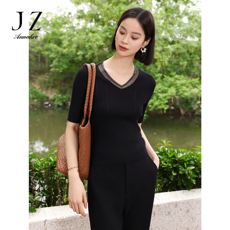 13182398.商场同款JZ玖姿瘦瘦打底衫短袖针织衫女装春秋季新款JWEQ31203
