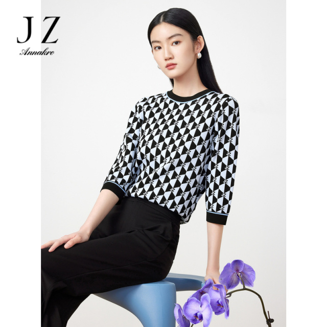 13182705.商场同款JZ玖姿曲珠纱套头衫春季新款复古针织衫JWDC31109