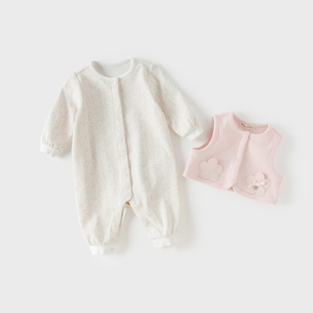 13184825.戴维贝拉婴儿衣服秋季女宝宝纯棉马甲连体衣套装洋气外出爬服