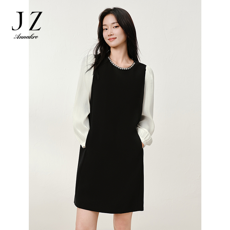13186678.JUZUI玖姿优雅千金风拼接连衣裙小黑裙女春秋季新款JTFQ50004