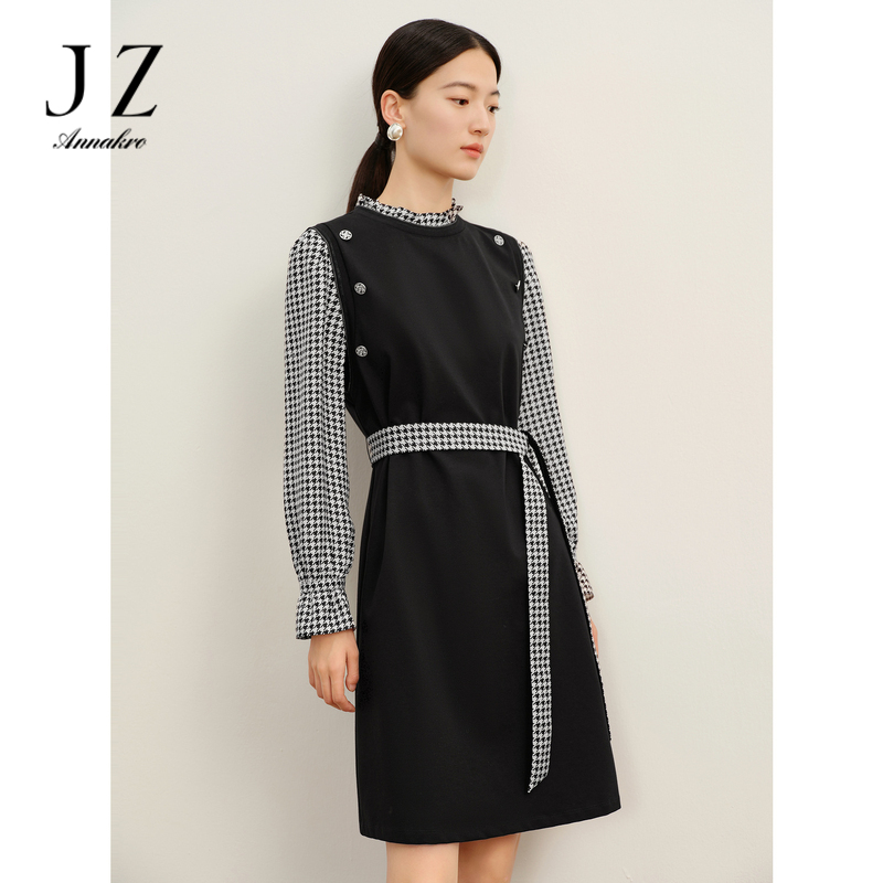 13186751.商场同款JZ玖姿几何格纹假两件连衣裙女春秋季新款JWDQ50017