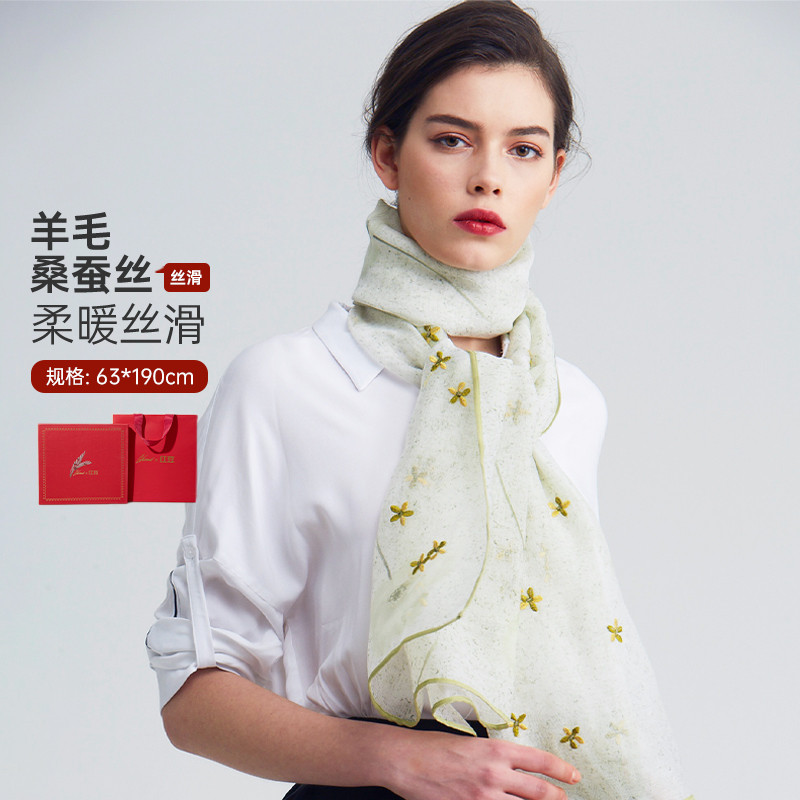 13273597.【云南新疆旅游穿搭】丝巾女保暖纱巾羊毛桑蚕丝刺绣礼盒