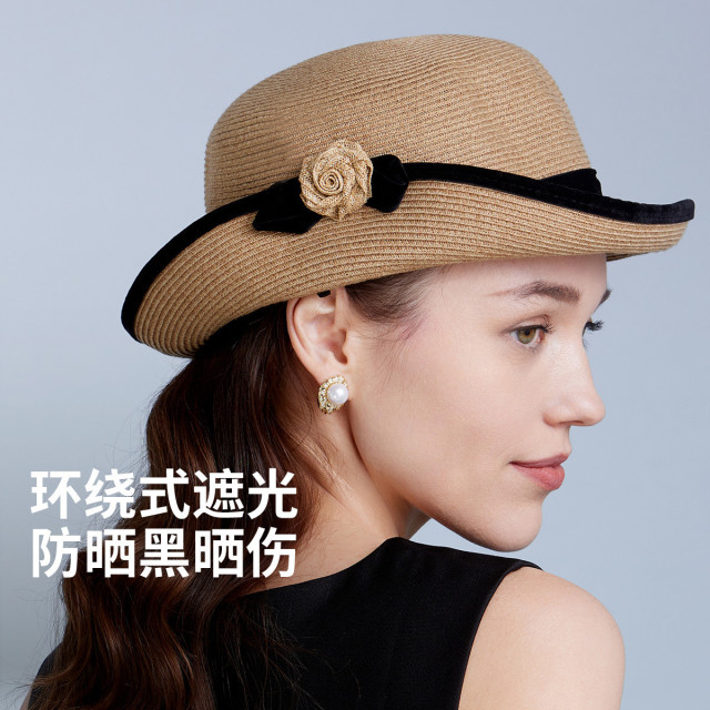 13265602.【UPF50+】防晒遮阳帽女赫本风草编帽透气凉帽沙滩帽礼帽