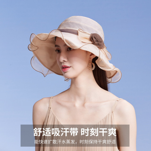 13242800.红豆【100%桑蚕丝】透气遮阳帽女夏季防晒帽子可折叠upf50+