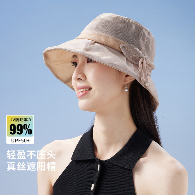 13242784.防紫外线【100%桑蚕丝】透气遮阳帽女夏季防晒帽子可折叠