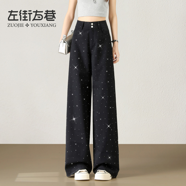 13202584.【左街右巷】闪耀星河云柔垂顺烫钻排扣直筒休闲阔腿裤