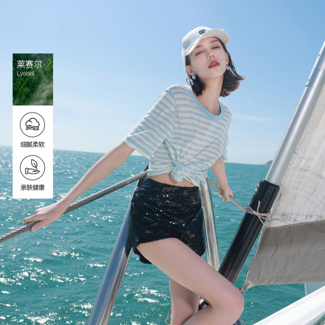 13213573.三彩ibudu2026夏季新款条纹撞色圆领针织衫短袖套头衫上衣女