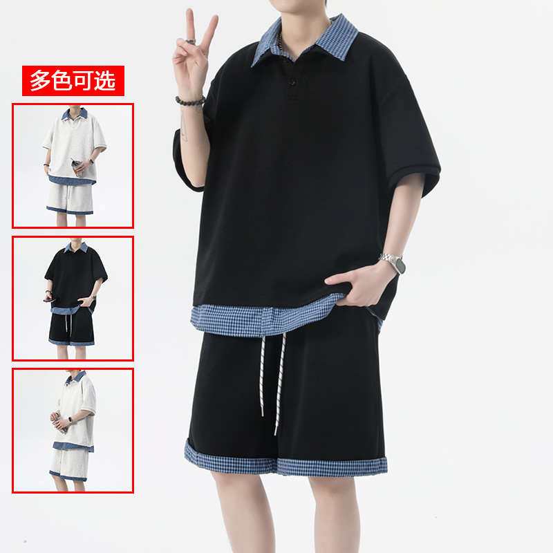 13213484.衣仕梵夏季新款男式翻领假两件潮流休闲套装【衣仕梵男装XJ】