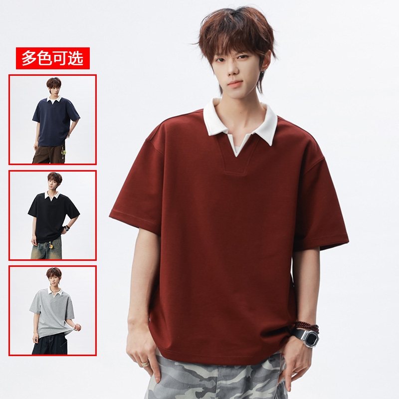 13213487.衣仕梵夏季新款男式翻领拼接潮流休闲短袖T恤【衣仕梵男装XJ】