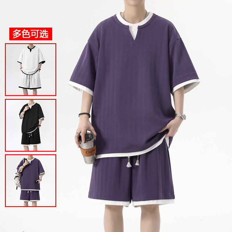 13213472.衣仕梵夏季新款男式假两件透气潮流休闲套装【衣仕梵男装XJ】