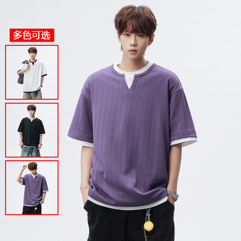 13213481.衣仕梵夏季新款男式假两件港风潮流百搭短袖T恤【衣仕梵男装XJ】