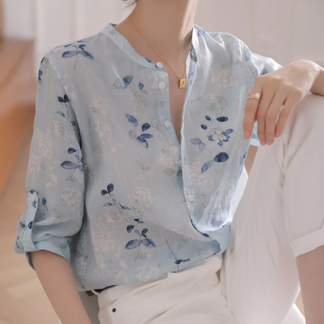 13460969.初云紫衣春夏装 女百搭宽松显瘦轻薄透气小衫立领中袖上衣8402