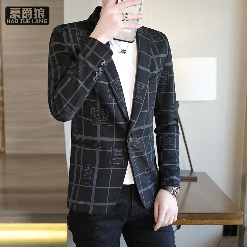 13217043.男士格子休闲西服外套春秋季新款帅气潮流修身印花小西装男潮